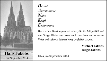 Anzeige von Hans Jakobs von  Kölner Wochenspiegel 