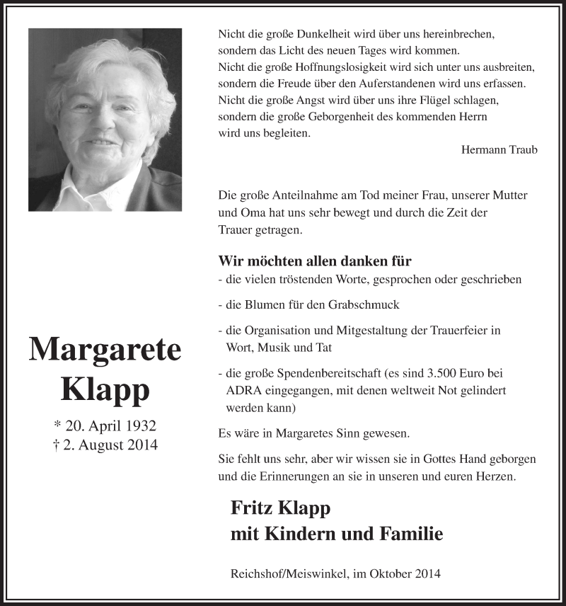  Traueranzeige für Margarete Klapp vom 01.10.2014 aus  Anzeigen Echo  Lokalanzeiger 