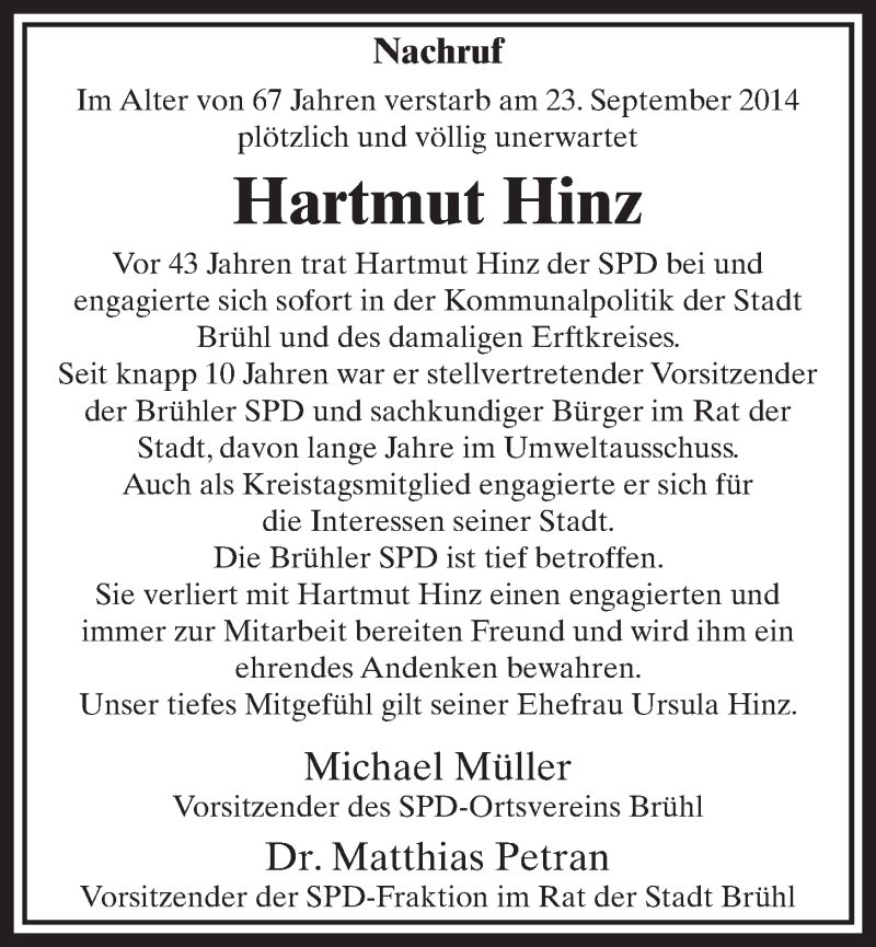  Traueranzeige für Hartmut Hinz vom 01.10.2014 aus  Schlossbote/Werbekurier 