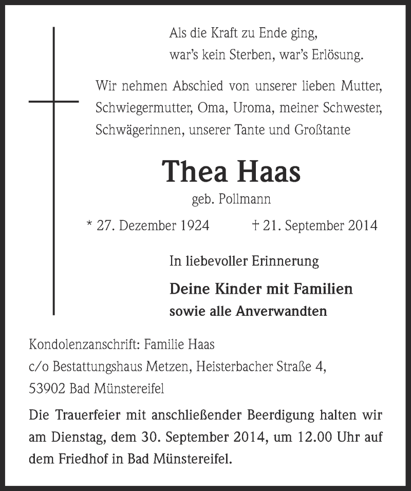  Traueranzeige für Thea Haas vom 28.09.2014 aus  Blickpunkt Euskirchen 