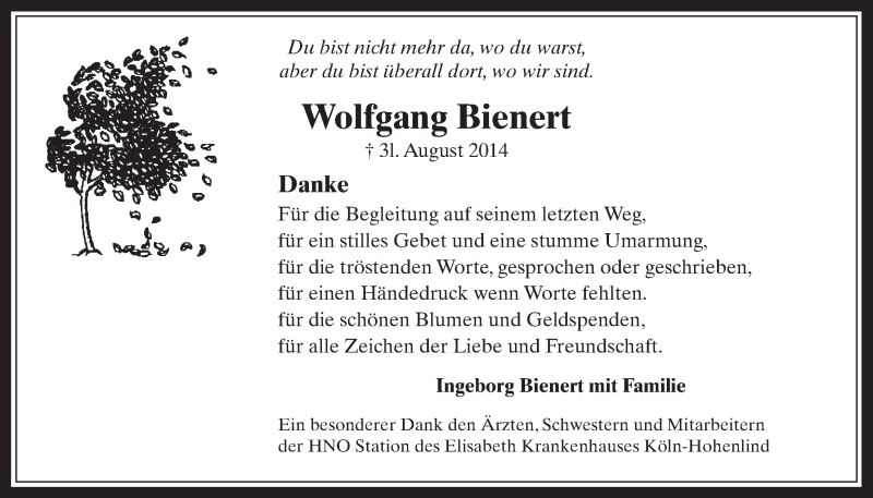 Traueranzeige für Wolfgang Bienert vom 01.10.2014 aus  Werbepost 