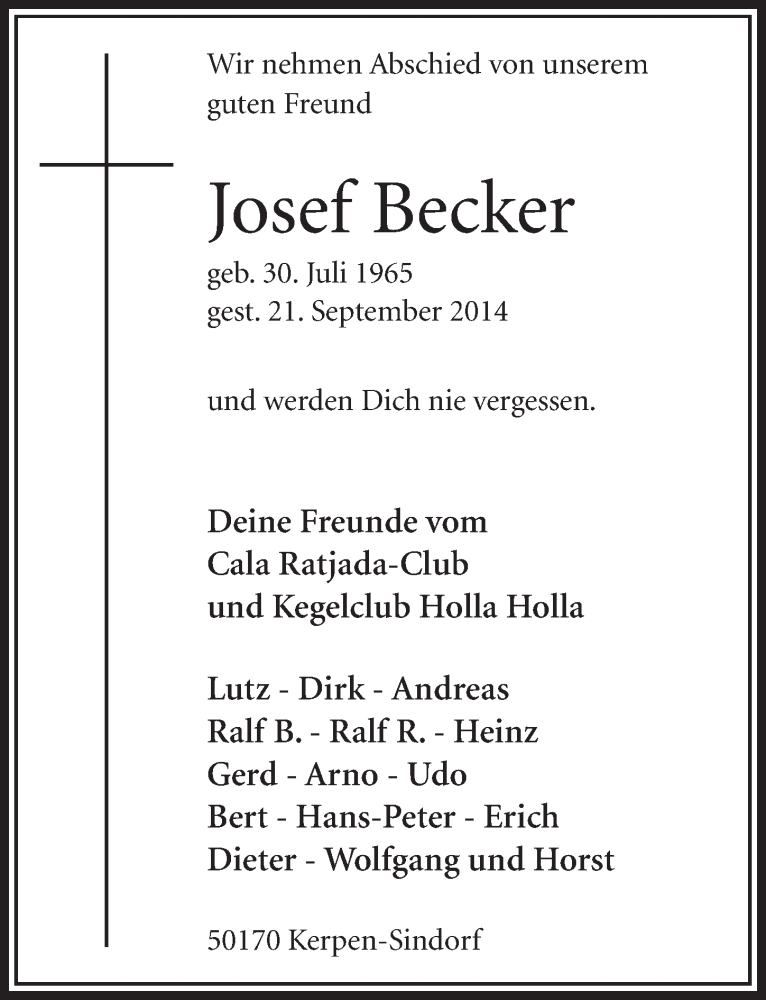  Traueranzeige für Josef Becker vom 27.09.2014 aus  Sonntags-Post 