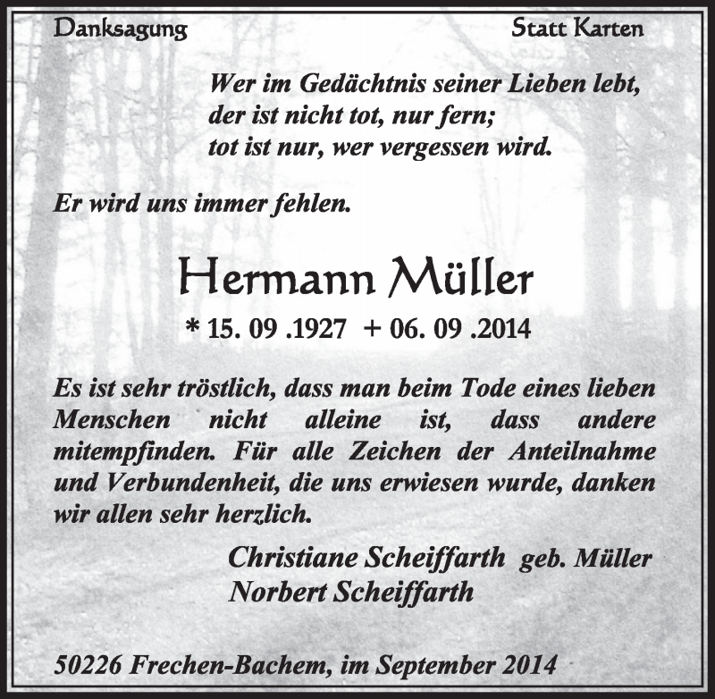  Traueranzeige für Hermann Müller vom 27.09.2014 aus  Sonntags-Post 
