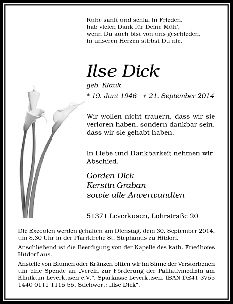  Traueranzeige für Ilse Dick vom 27.09.2014 aus  Leverkusener Wochenende 