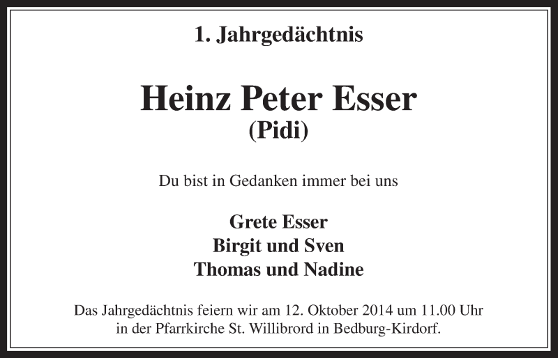  Traueranzeige für Heinz Peter Esser vom 01.10.2014 aus  Werbepost 