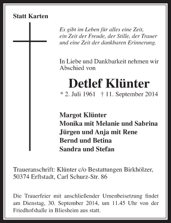 Anzeige von Detlef Klünter von  Sonntags-Post 