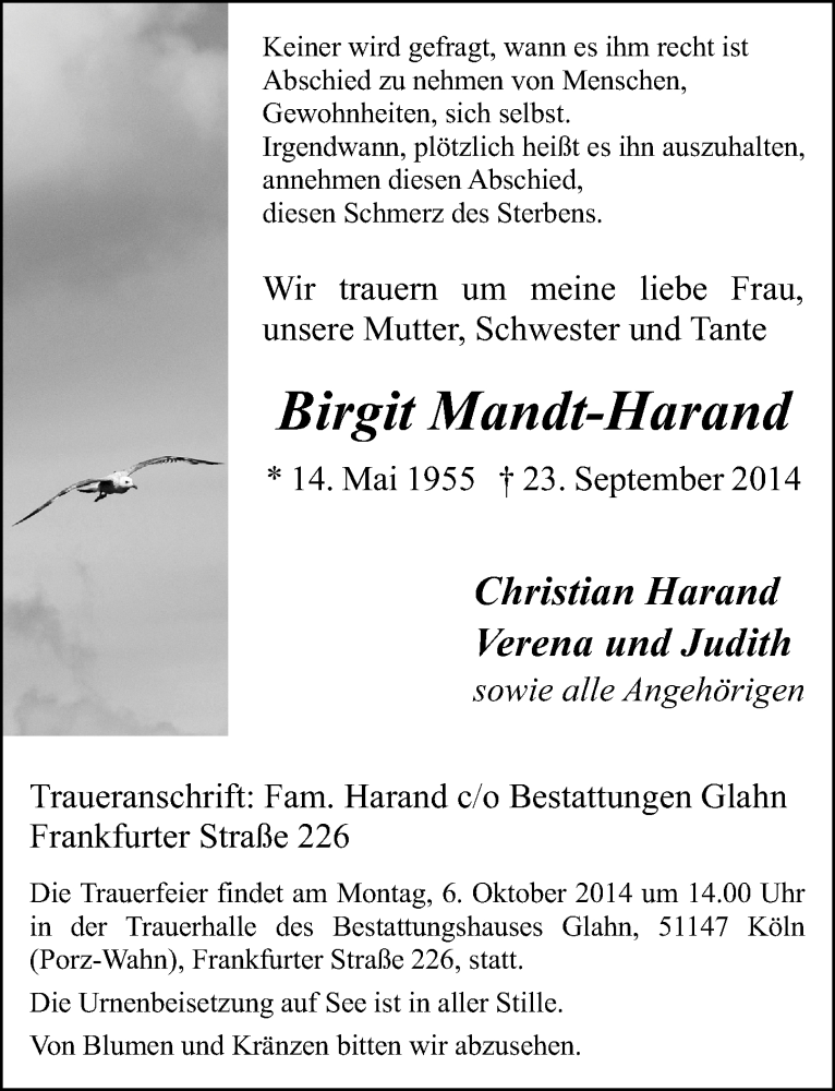  Traueranzeige für Birgit Mandt-Harand vom 01.10.2014 aus  Kölner Wochenspiegel 