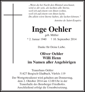 Anzeige von Inge Oehler von  Bergisches Handelsblatt 