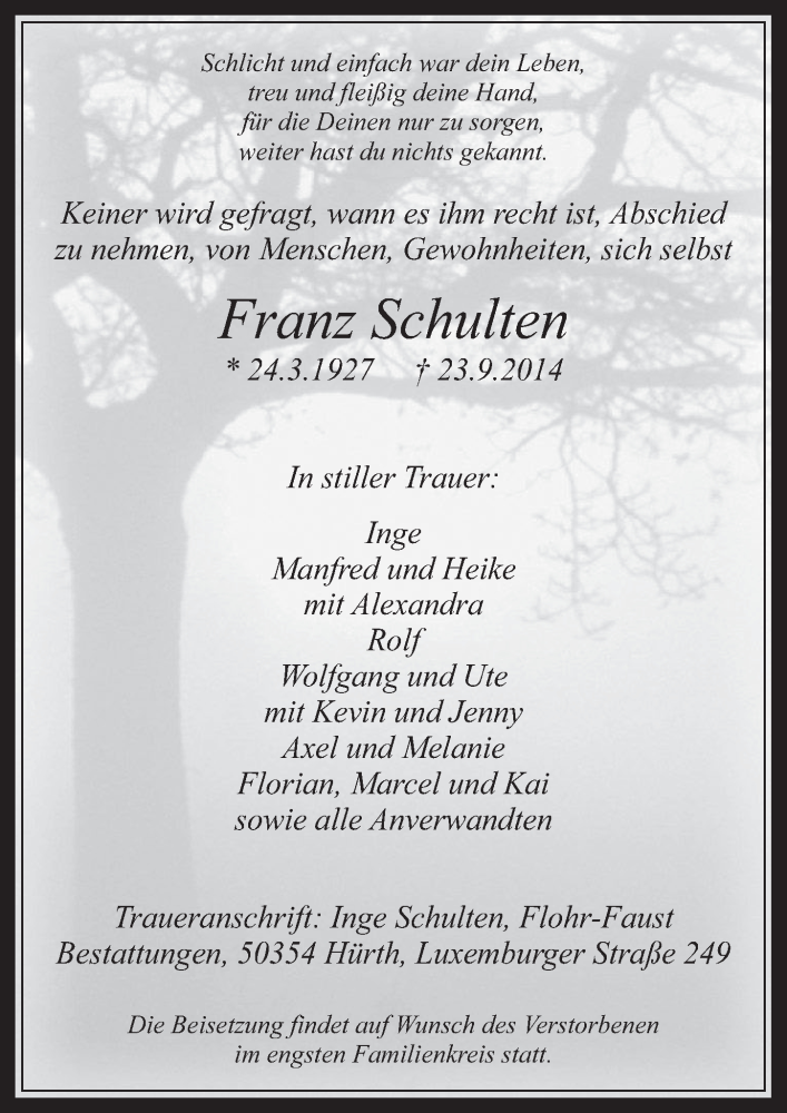  Traueranzeige für Franz Schulten vom 01.10.2014 aus  Wochenende 