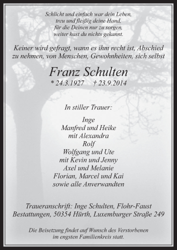 Anzeige von Franz Schulten von  Wochenende 