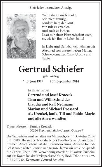 Anzeige von Gertrud Schiefer von  Sonntags-Post 