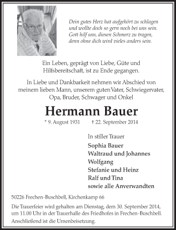 Anzeige von Hermann Bauer von  Sonntags-Post 