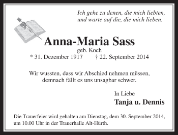 Anzeige von Anna-Maria Sass von  Sonntags-Post 