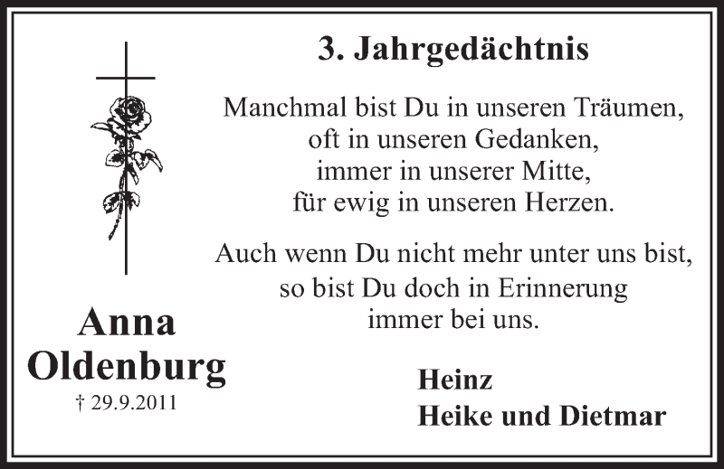 Traueranzeige für Anna Oldenburg vom 01.10.2014 aus  Schlossbote/Werbekurier 