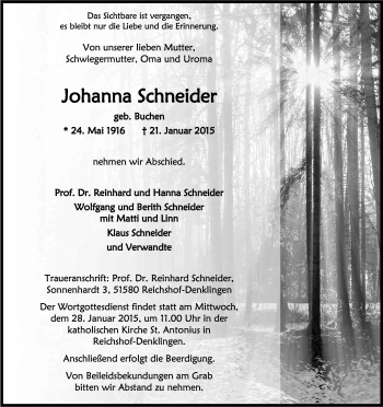 Anzeige von Johanna Schneider von Kölner Stadt-Anzeiger / Kölnische Rundschau / Express