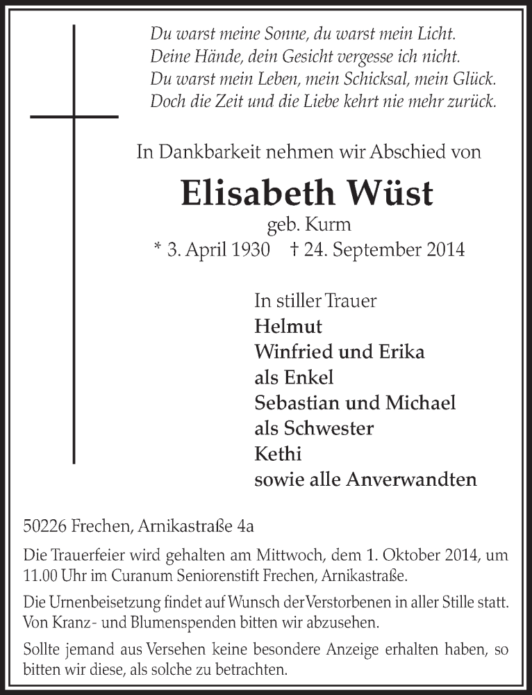  Traueranzeige für Elisabeth Wüst vom 27.09.2014 aus  Sonntags-Post 