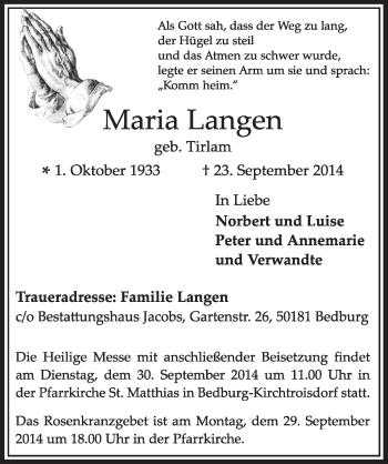 Anzeige von Maria Langen von  Sonntags-Post 