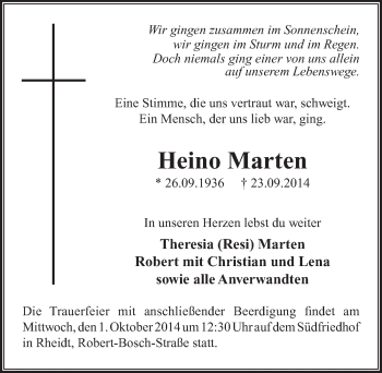 Anzeige von Heino Marten von  Rhein-Sieg-Wochenende 