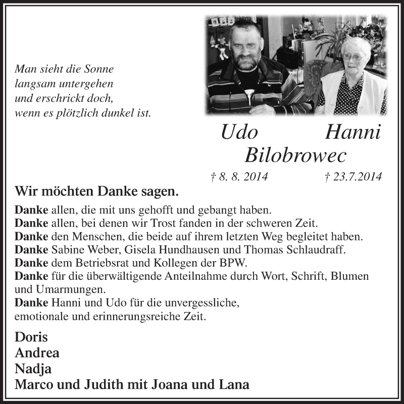  Traueranzeige für Udo und Hanni Bilobrowec vom 01.10.2014 aus  Lokalanzeiger 