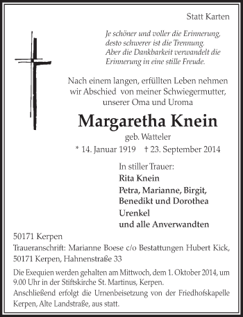 Anzeige von Margaretha Knein von  Sonntags-Post 