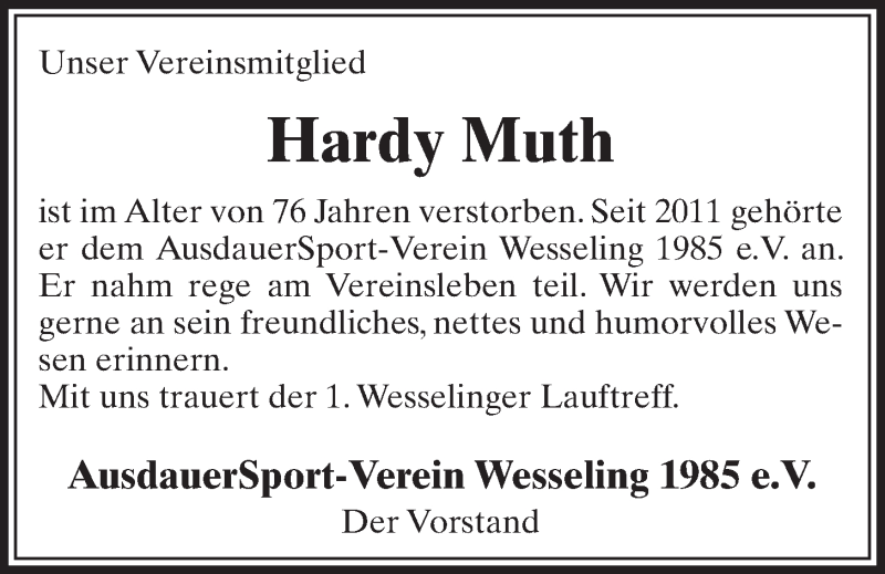  Traueranzeige für Hardy Muth vom 01.10.2014 aus  Schlossbote/Werbekurier 