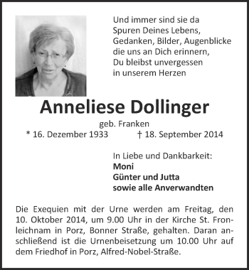 Anzeige von Anneliese Dolliner von  Kölner Wochenspiegel 