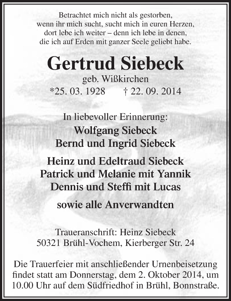  Traueranzeige für Gertrud Siebeck vom 01.10.2014 aus  Schlossbote/Werbekurier 