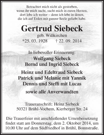 Anzeige von Gertrud Siebeck von  Schlossbote/Werbekurier 