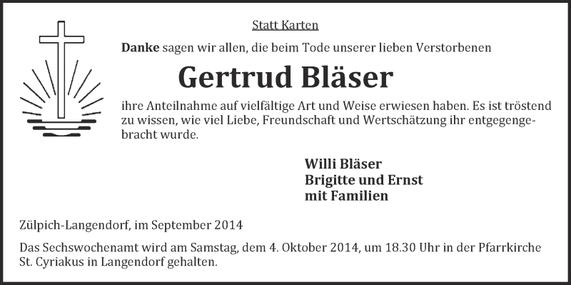  Traueranzeige für Gertrud Bläser vom 28.09.2014 aus  Blickpunkt Euskirchen 