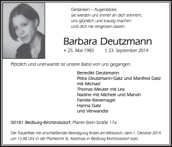 Anzeige von Barbara Deutzmann von  Sonntags-Post 