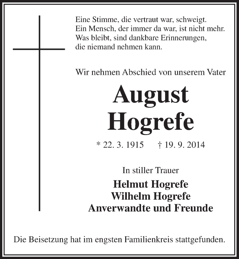  Traueranzeige für Helmut Hogrefe vom 04.10.2014 aus  Leverkusener Wochenende 