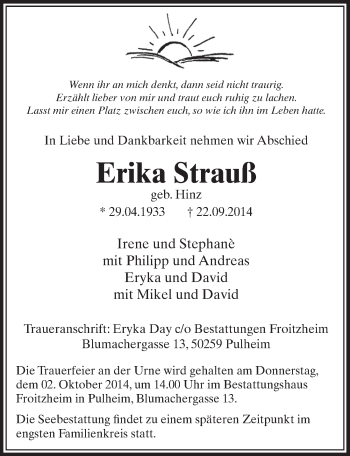 Anzeige von Erika Strauß von  Sonntags-Post 