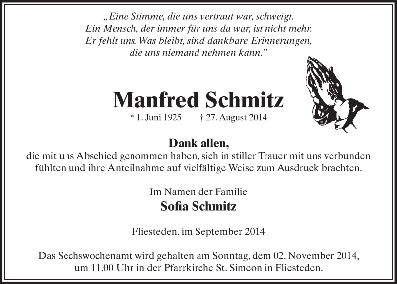  Traueranzeige für Manfred Schmitz vom 27.09.2014 aus  Sonntags-Post 