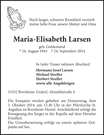 Anzeige von Maria-Elisabeth Larsen von  Schlossbote/Werbekurier 