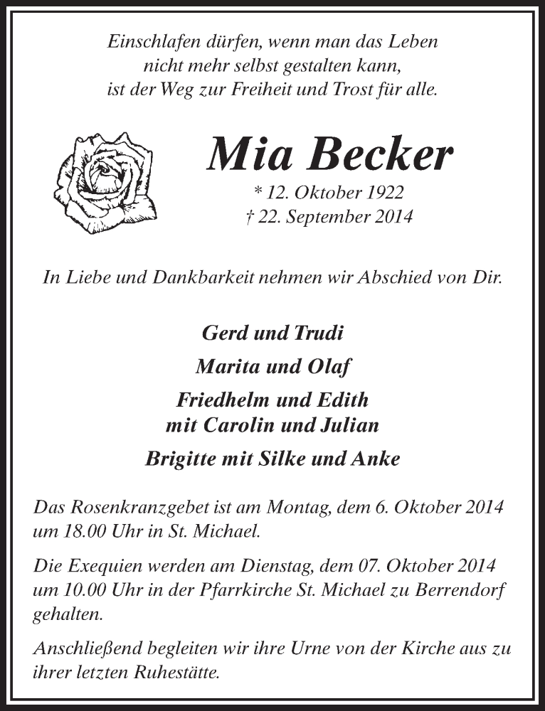  Traueranzeige für Mia Becker vom 27.09.2014 aus  Sonntags-Post 