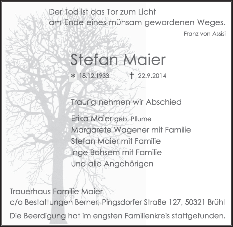  Traueranzeige für Stefan Maier vom 01.10.2014 aus  Schlossbote/Werbekurier 