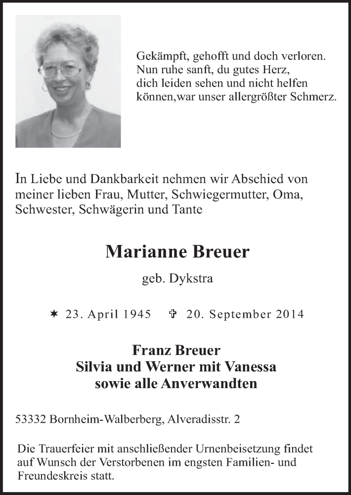  Traueranzeige für Marianne Breuer vom 01.10.2014 aus  Schlossbote/Werbekurier 