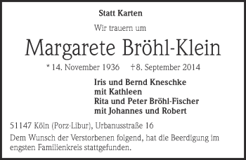 Anzeige von Margarete Bröhl-Klein von  Kölner Wochenspiegel 