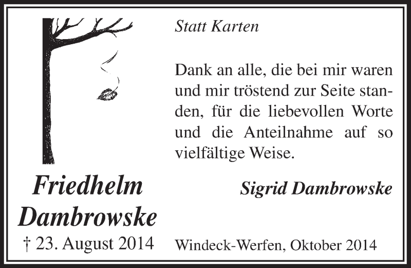  Traueranzeige für Friedhelm Dambrowske vom 01.10.2014 aus  Lokalanzeiger 