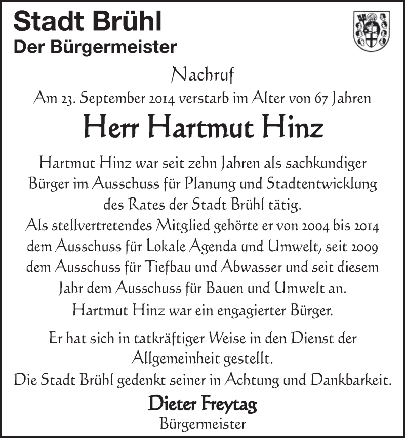  Traueranzeige für Hartmut Hinz vom 01.10.2014 aus  Schlossbote/Werbekurier 