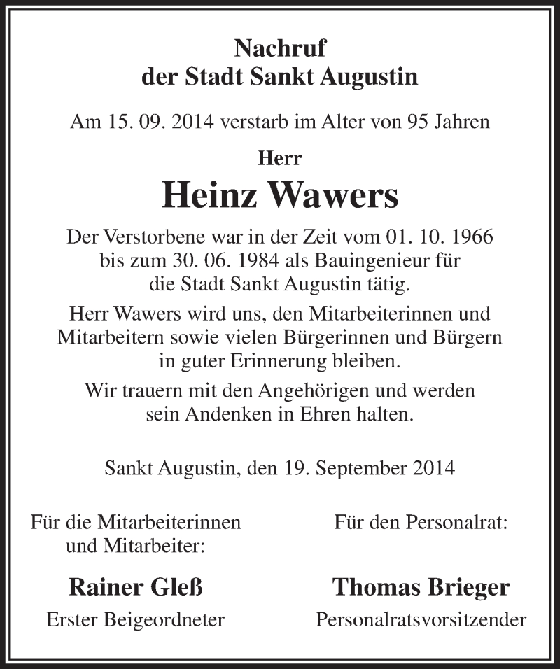  Traueranzeige für Heinz Wawers vom 01.10.2014 aus  Extra Blatt 