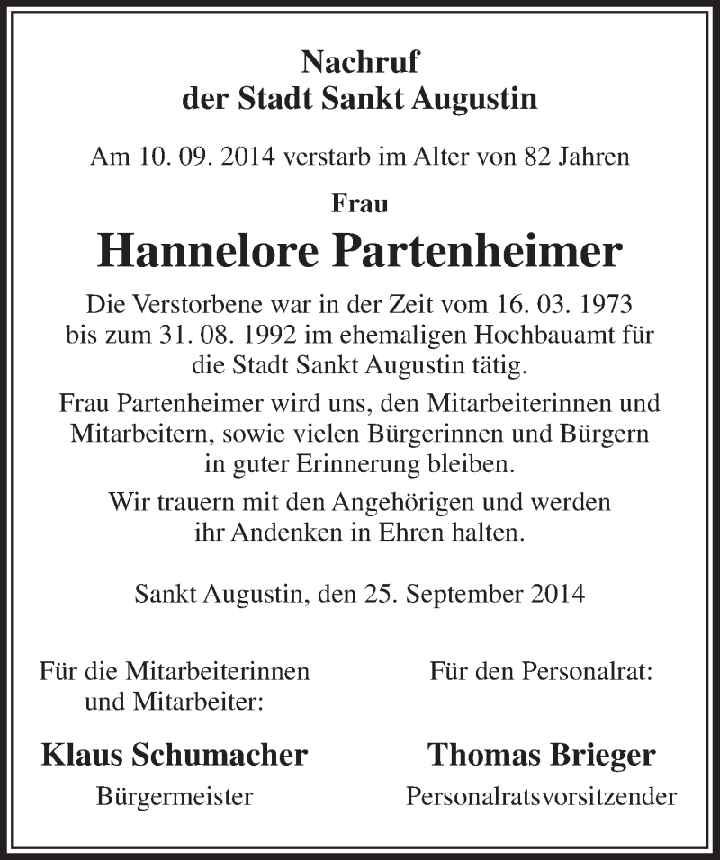  Traueranzeige für Hannelore Partenheimer vom 01.10.2014 aus  Extra Blatt 