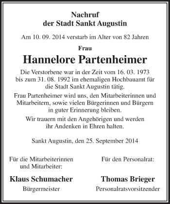 Anzeige von Hannelore Partenheimer von  Extra Blatt 