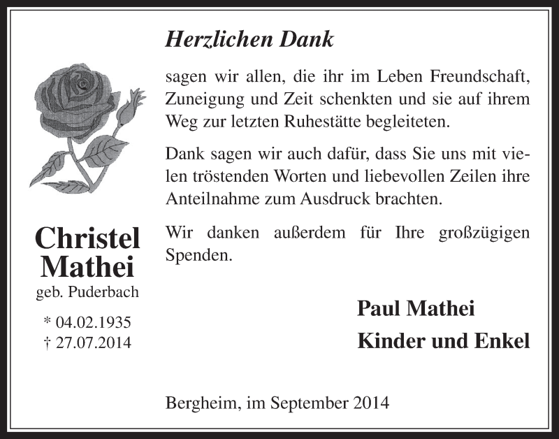 Traueranzeige für Christel Mathei vom 01.10.2014 aus  Werbepost 