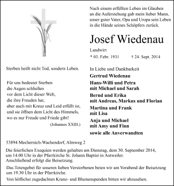 Anzeige von Josef Wiedenau von  Blickpunkt Euskirchen 