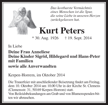 Anzeige von Kurt Peters von  Kölner Wochenspiegel  Werbepost 