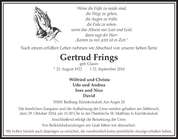 Anzeige von Gertrud Frings von  Sonntags-Post 