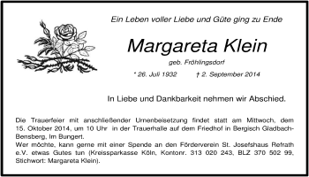 Anzeige von Margareta Klein von  Bergisches Handelsblatt 