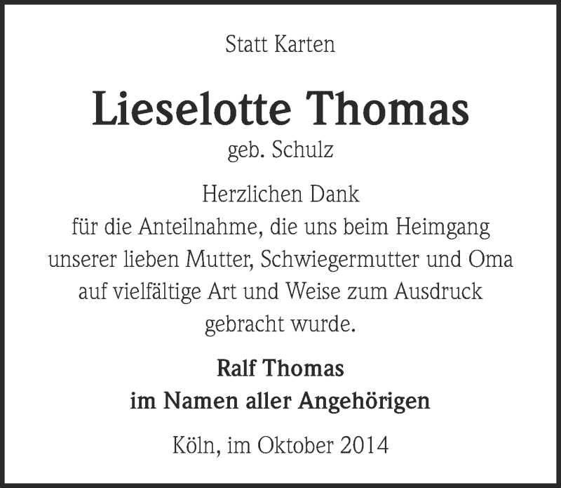  Traueranzeige für Lieselotte Thomas vom 01.10.2014 aus  Kölner Wochenspiegel 