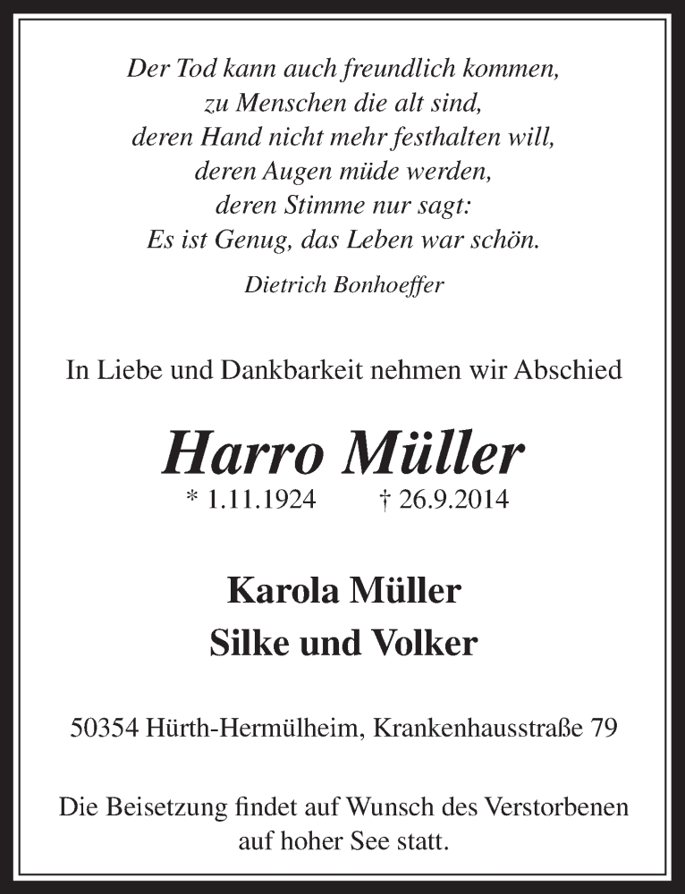  Traueranzeige für Harro Müller vom 01.10.2014 aus  Wochenende 